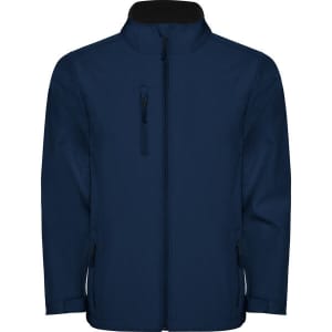 A navy blue softshell jacket with a zip front, a high collar, and multiple zippered pockets. It has a logo on it.