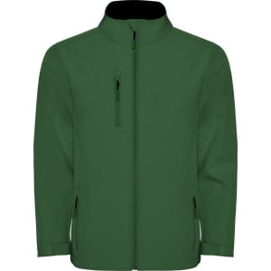 A green softshell jacket with a zip front, featuring a chest pocket and two side pockets. It has a high collar and a logo.