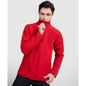 A red softshell jacket with a high collar and zippered front, featuring side pockets and a logo.