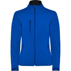 A blue women's softshell jacket with a front zip and three zipped pockets, featuring a neat collar.
