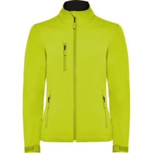A bright yellow women's softshell jacket with a full zip and zippered pockets, featuring a logo.