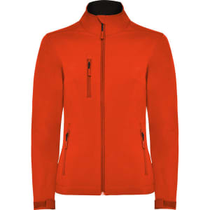 A women's softshell jacket in vibrant red featuring a zippered front and pockets, with a branding logo present.