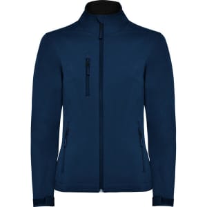 A women's softshell jacket in navy blue featuring a zip front and multiple pockets, with a logo.