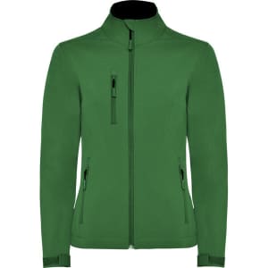 A green women's softshell jacket featuring a high collar and multiple zippered pockets, including a chest pocket.