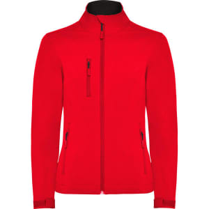A red women's softshell jacket featuring a zip front and multiple zip pockets. It has a sleek, modern design and branding.