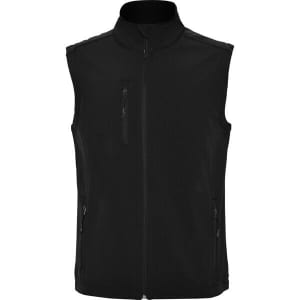 A black softshell vest featuring a zippered front and two side pockets, with branding visible.