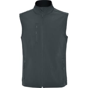 A dark grey softshell vest featuring a high collar and multiple zippered pockets, with a logo on the chest.