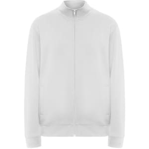 A white Ulan sweatshirt with a zip front and two side pockets, featuring a collar and a logo.