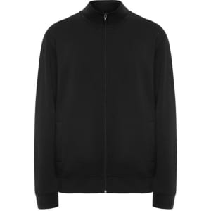 A black zip-up sweatshirt with a high collar and side pockets, featuring a logo.