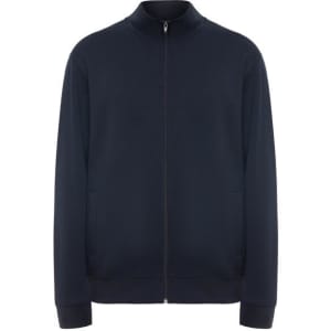A navy sweatshirt featuring a zip front, high collar, and side pockets. It has a logo on the chest.