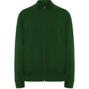 A green zip-up sweatshirt with a high collar and two front pockets. It features a logo on one side.