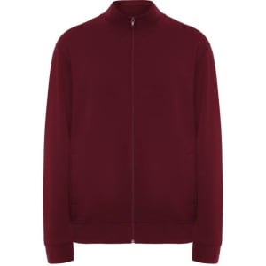 A burgundy sweatshirt with a zip-up front and a high collar. It features a logo on the chest.