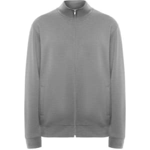 A grey Ulan sweatshirt with a zip and two side pockets, featuring a simple design and a stand-up collar.