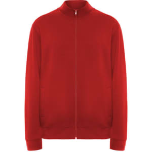 A red sweatshirt with a zip front, high collar, and side pockets. It features a logo on the garment.