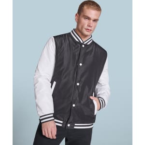 A black and white California Jacket featuring a button-up front and striped cuffs, worn by a model.