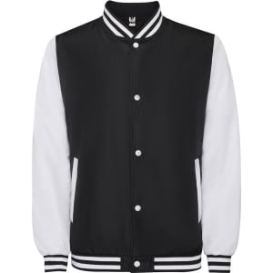 A black and white jacket with a sporty design, featuring a collar and buttoned front. It has branding on the inside.