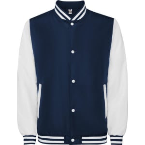 A jacket featuring a navy body with white sleeves and striped detailing on the collar and cuffs; includes a logo.