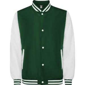 A green and white jacket with a varsity style, featuring a branded logo and striped cuffs.