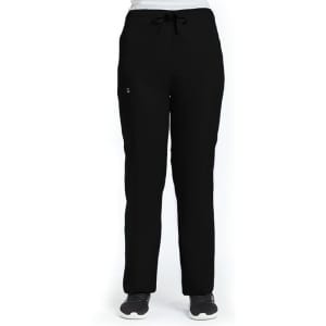 A pair of black unisex pull-on pants featuring pockets and an adjustable drawstring waist.