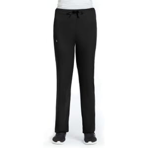 A pair of black unisex pull-on pants with a drawstring waistband and a small logo on the side.