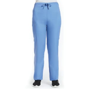 A pair of blue unisex pull-on pants with a drawstring and side pockets, featuring a brand logo.