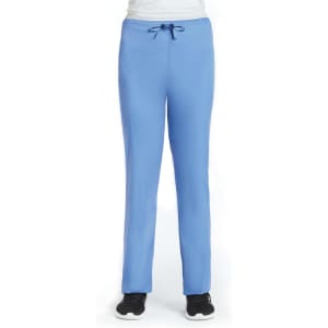 A pair of blue unisex pull-on pants with a drawstring waist, displayed on a model.