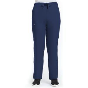 A pair of navy unisex pull-on pants with a drawstring and side pockets, featuring a logo.