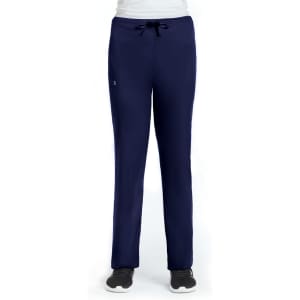 A pair of navy unisex pull-on pants with an elastic waistband and a drawstring, featuring a small logo.