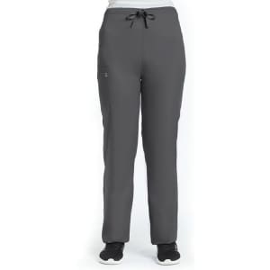 A pair of grey unisex pull-on pants with an adjustable drawstring and side pockets. Features a branding logo.