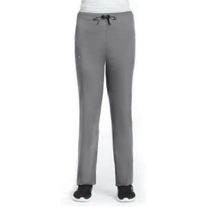 A pair of grey unisex pull-on pants featuring a drawstring waistband, styled for a relaxed fit.