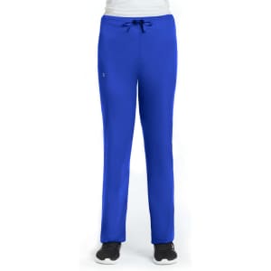 A pair of unisex pull-on pants in vibrant blue, featuring a drawstring waist and a small logo on the side.
