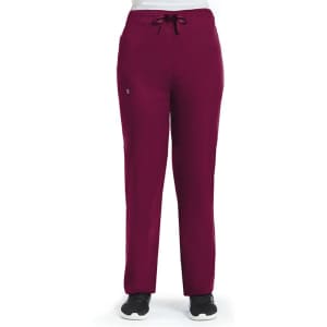 A pair of maroon unisex pull-on pants with a drawstring and logo on the side. Suitable for casual wear.