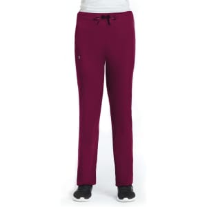 A pair of unisex pull-on pants in a deep burgundy colour, featuring a drawstring waist and a logo.