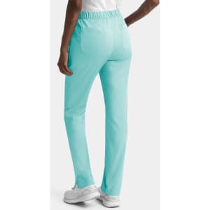A pair of women's cargo pants in turquoise with a full elastic waistband and back pockets.