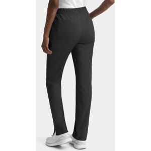 Black women's cargo pants featuring a full elastic waistband, with pockets and a sleek design.