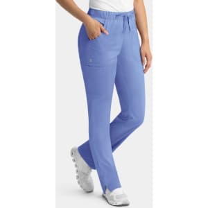 A pair of light blue cargo pants with a full elastic waistband, featuring pockets and a logo.
