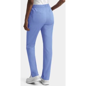 Full-length women's cargo pants in light blue with a full elastic waistband and two back pockets. Features a logo.