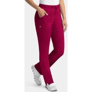 A pair of women's cargo pants in a vibrant burgundy with a full elastic waistband and side pockets, featuring a logo.