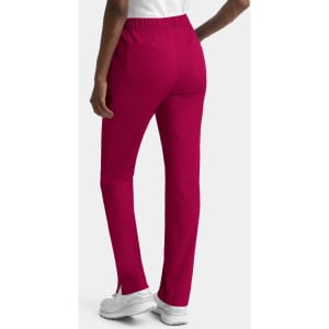 A pair of women's cargo pants in a vibrant magenta colour with a full elastic waistband and a fitted design.