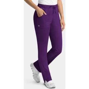 Purple women's cargo pants with a full elastic waistband, featuring pockets and a logo.