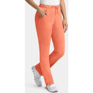 A pair of women's cargo pants in bright orange, featuring a full elastic waistband and side pockets.
