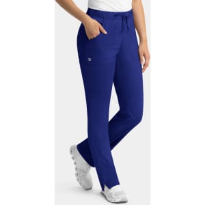 A pair of women's cargo pants in blue, featuring a full elastic waistband and side pockets.
