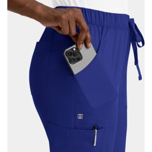 A pair of women's cargo pants in navy blue with a full elastic waistband and multiple pockets.