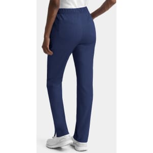 A pair of women's navy cargo pants with a full elastic waistband, featuring a sleek design and side slits at the hem.