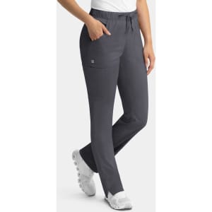 A pair of women's cargo pants in dark grey with a full elastic waistband and side pockets, featuring a logo.