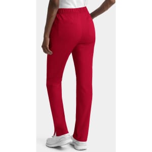 A pair of red women's cargo pants featuring a full elastic waistband and a side slit. The back view is shown.