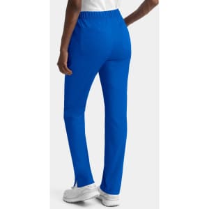 A pair of women's cargo pants in bright blue with a full elastic waistband, viewed from the back.