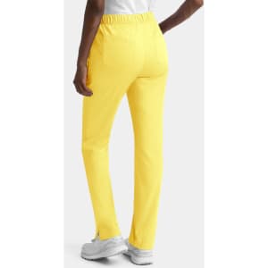 A pair of women's cargo pants in bright yellow, featuring a full elastic waistband and side pockets.