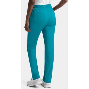 A pair of teal cargo pants with a full elastic waistband, shown from the back. The pants feature pockets and a logo.