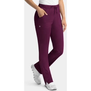 A pair of women's cargo pants in deep burgundy with a full elastic waistband and side pockets.